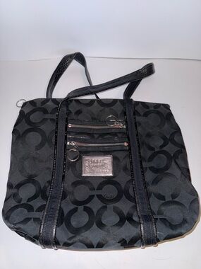 Coach Black Signature Logo Tote with Front Zip Pockets